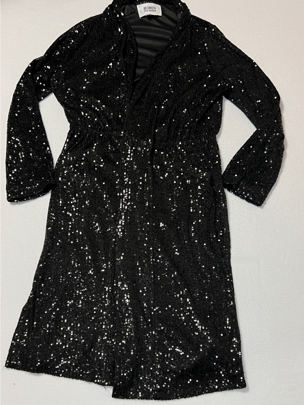 Steve Madden Showstopper Duster Jacket Sequin Size XS Black Concert Tie Closure